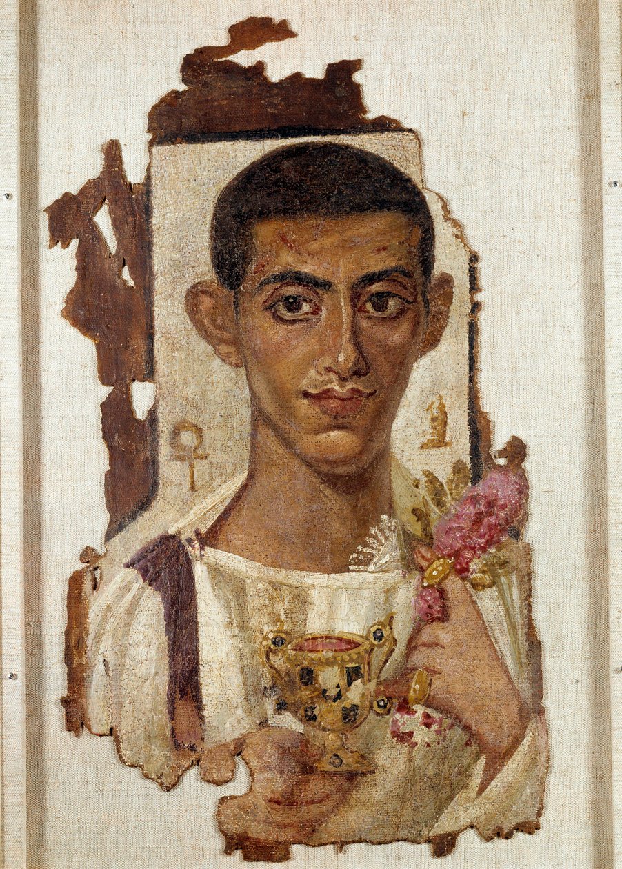 Forntida Egypten: porträtt av Ammonios: representation av en man som håller en gyllene canthara berikad med smaragder och fylld med vin som identifierar honom som Dionysos. I den vänstra handen av gyllene riddare, kransen av rosor, symbol för återfödelse,  av Coptic
