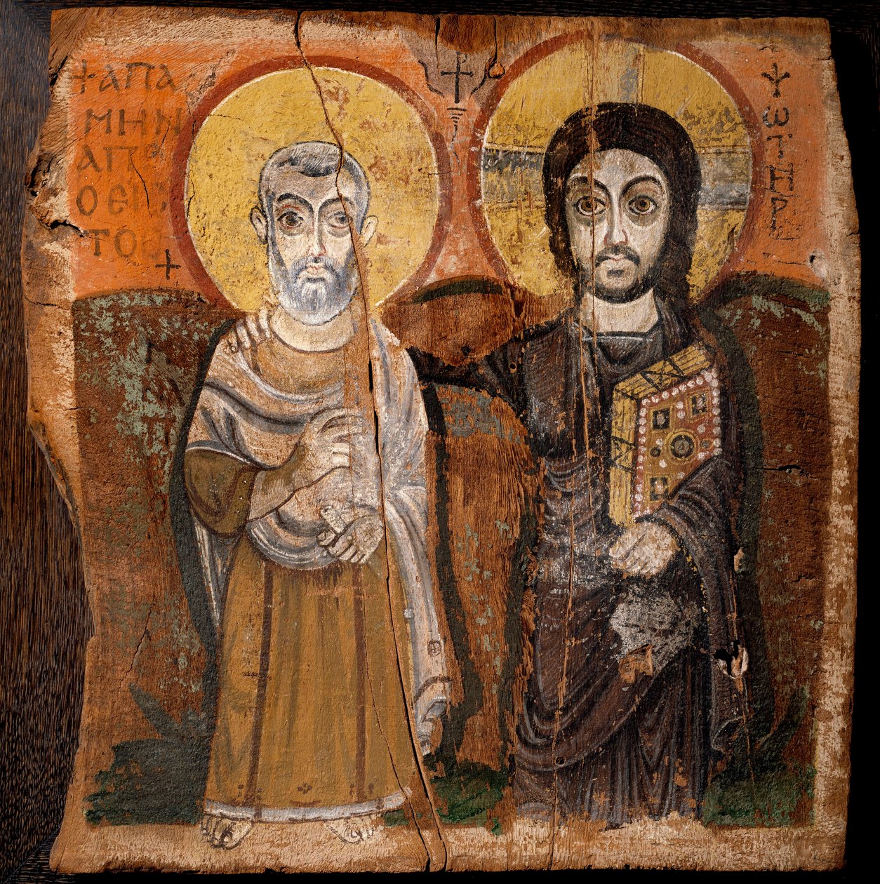 Koptisk konst: "" Kristus och Abbe Mena"" Saint Menas (Minas, Mina, Mena, Mennas), egyptisk martyr från 300-talet. Fragment av färg på trä (detrempe på fikonträd) från 600- eller 700-talet Mått: 57x57cm. Från Baouit-platsen i Egypten. - Koptisk konst: "" C av Coptic