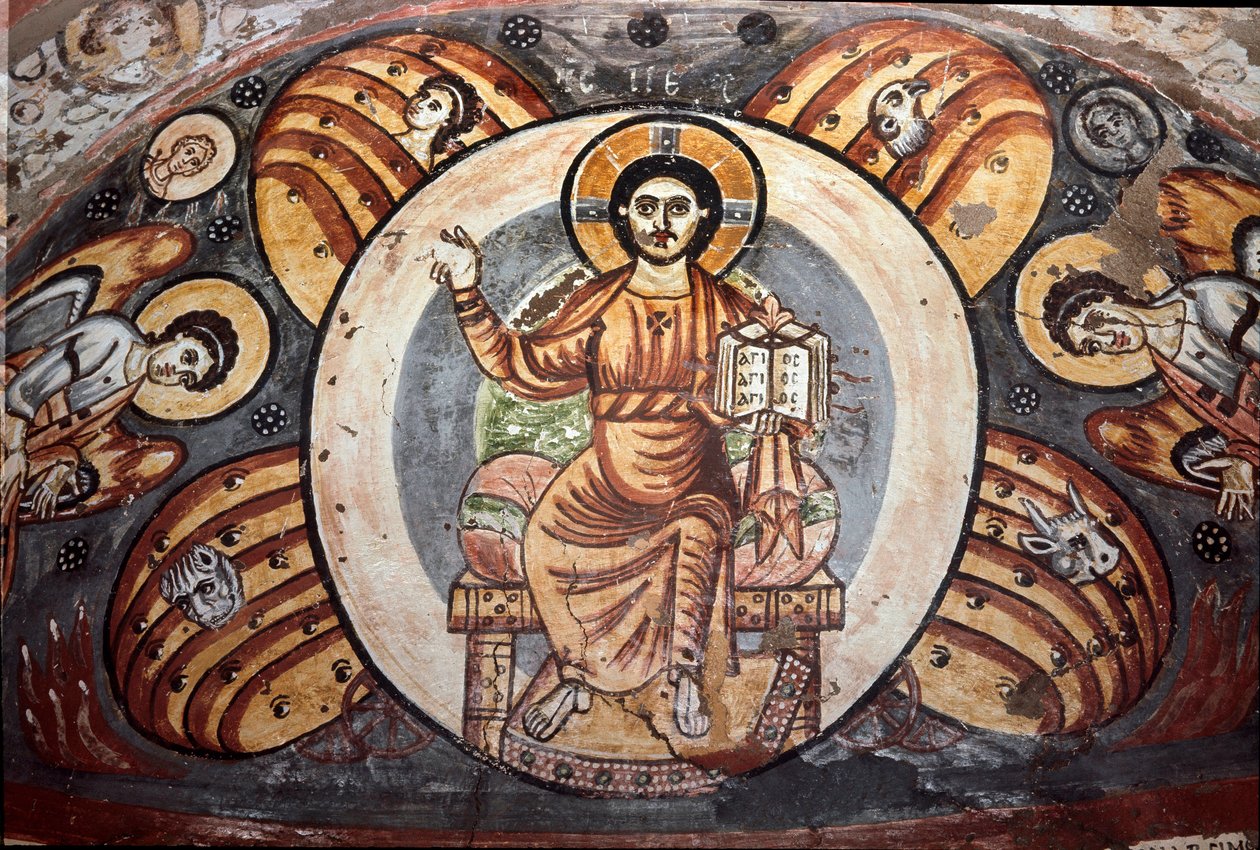 Koptisk konst: "Kristus i majestät (i härlighet)"". Symbolerna för de fyra evangelisterna (Tetramorph: ängeln, örnen, tjuren och lejonet). Fresk som dekorerar en nisch, 500-600-tal. Kairo, Koptiska museet, Egypten av Coptic Coptic