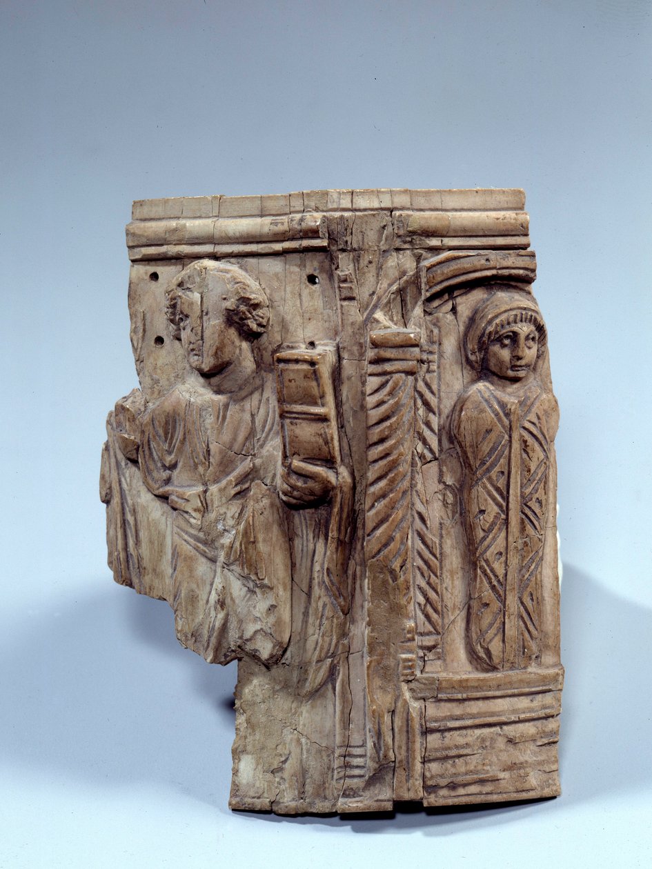 Koptisk konst: fragment av elfenbenstavla som representerar Lasarus uppståndelse. 600-talet e.Kr. Paris, Louvren av Coptic Coptic