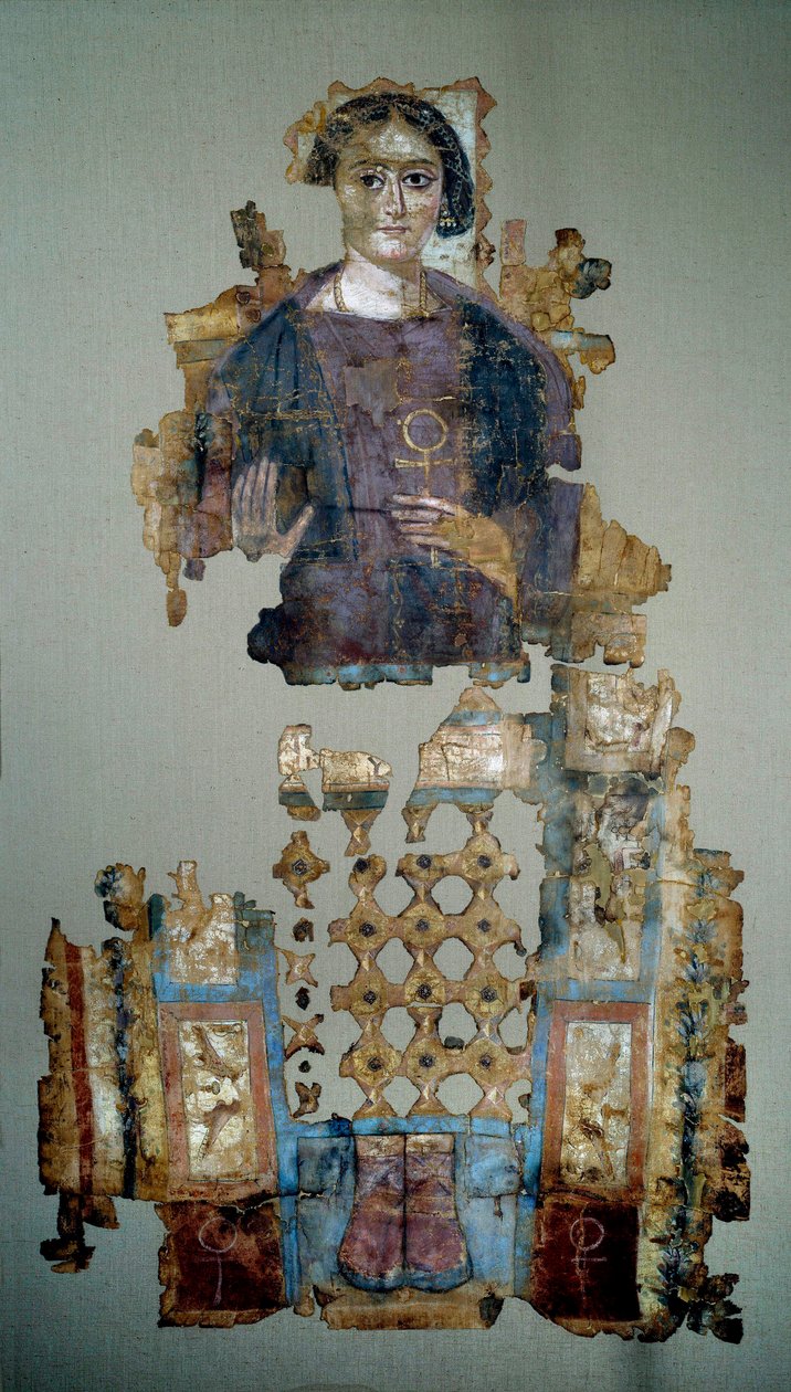 Koptisk konst: fragment av målat linnehölje som föreställer en ung kvinna kallade damen ett kors ansee. Från Antinoupolis. 4:e århundradet e.Kr. Paris, Louvren av Coptic Coptic