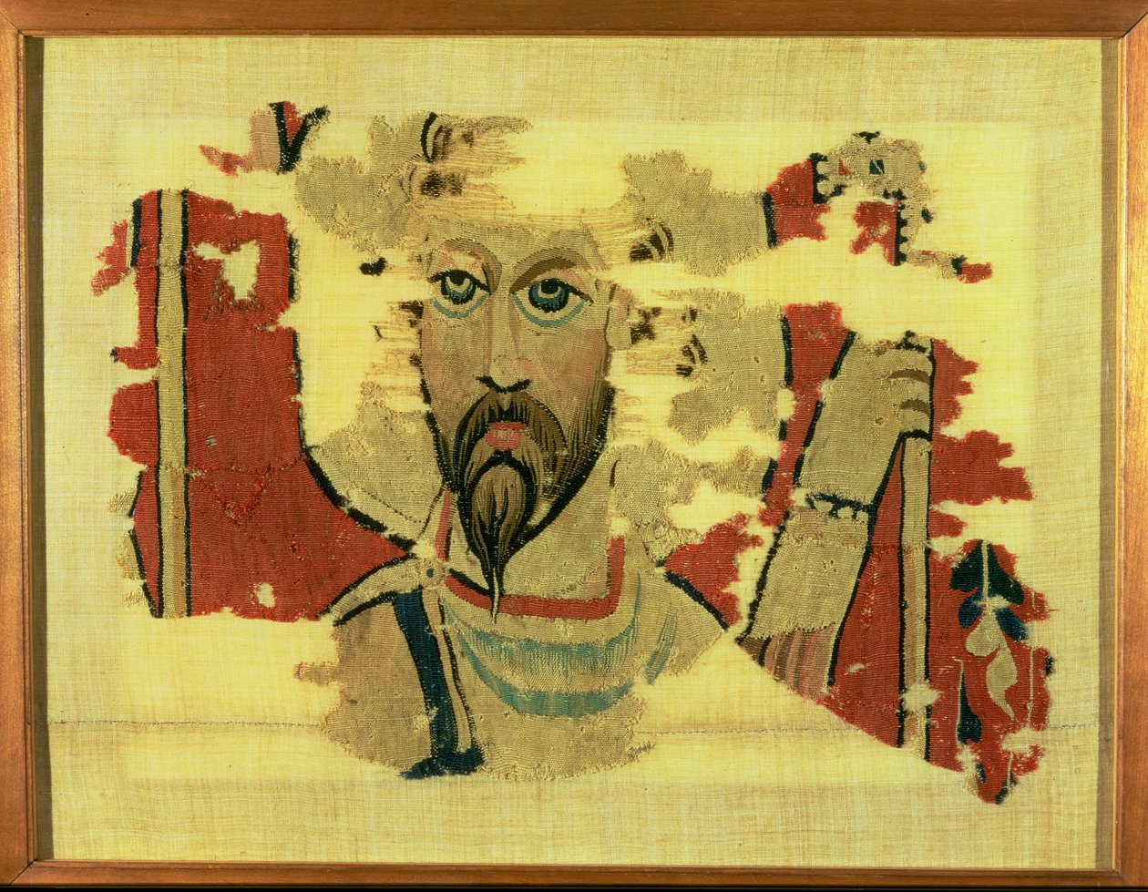 Vävd hängning föreställande huvudet av St. Theodore, från Akhmim, Egypten, ca 500-600 (ulltapet) av Coptic Coptic