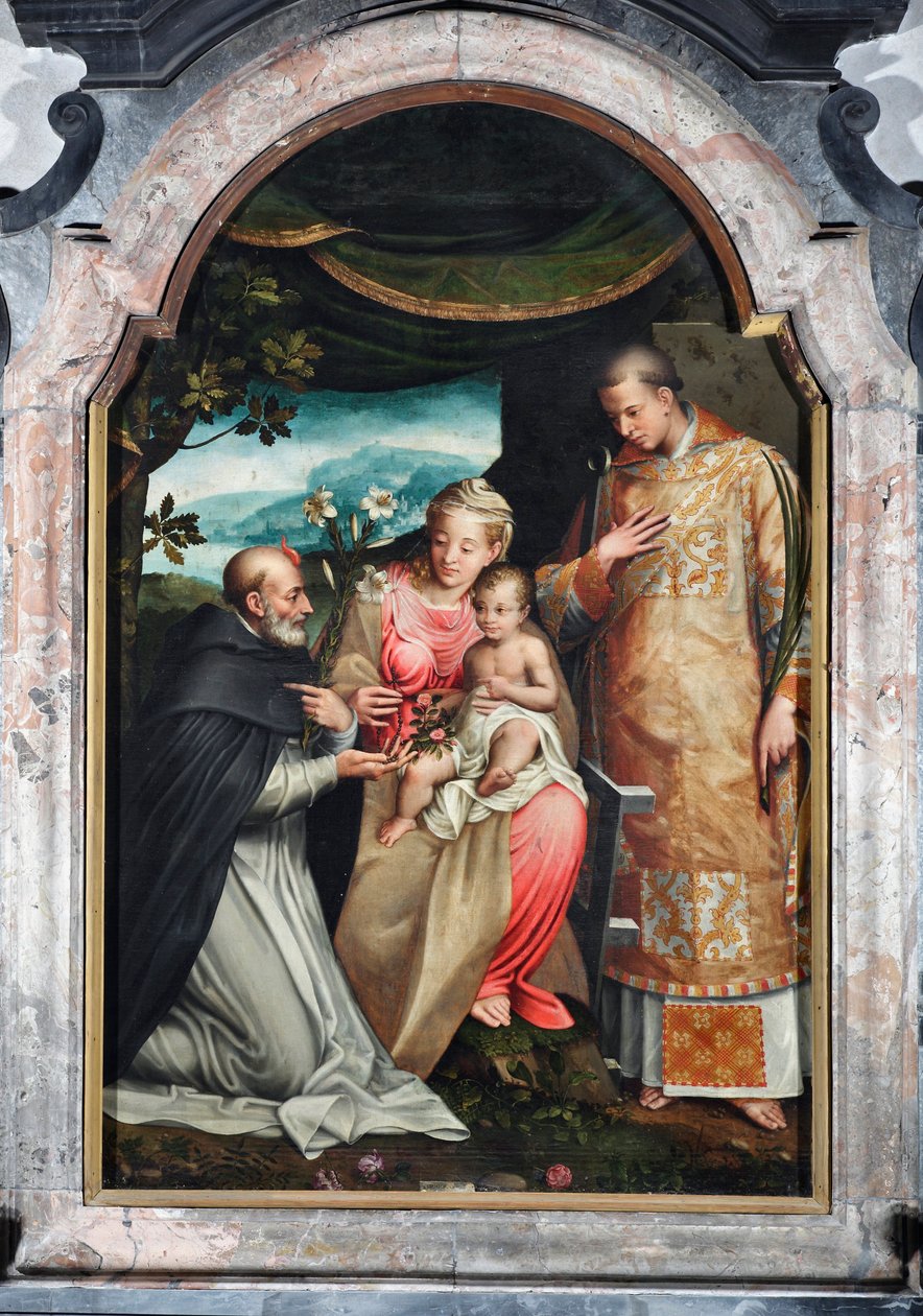 Jungfru och barn mellan Saint Vincent Ferrier (1350-1419) och Saint Vincent av Zaragoza (300-talet) (Jungfru med barn med Vincent av Zaragoza och Vincent Ferrer) Målning av Coriolano Malagavazzo (1500-talet) 1595 Elatellanis kapell, basilikan av Coriolano Malagavazzo