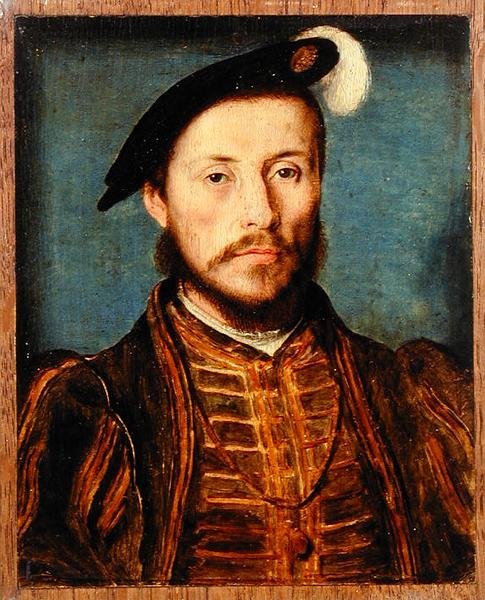 Porträtt av en man i en fjädermössa (olja på panel) av Corneille de Lyon