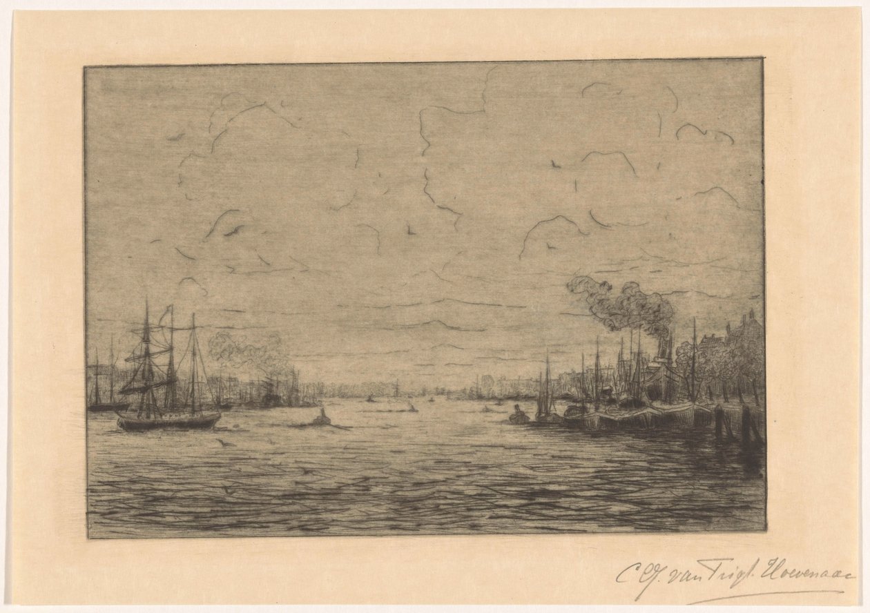 Utsikt över Maas nära Rotterdam av Cornelia Christina Johanna van Trigt Hoevenaar (signed by artist)