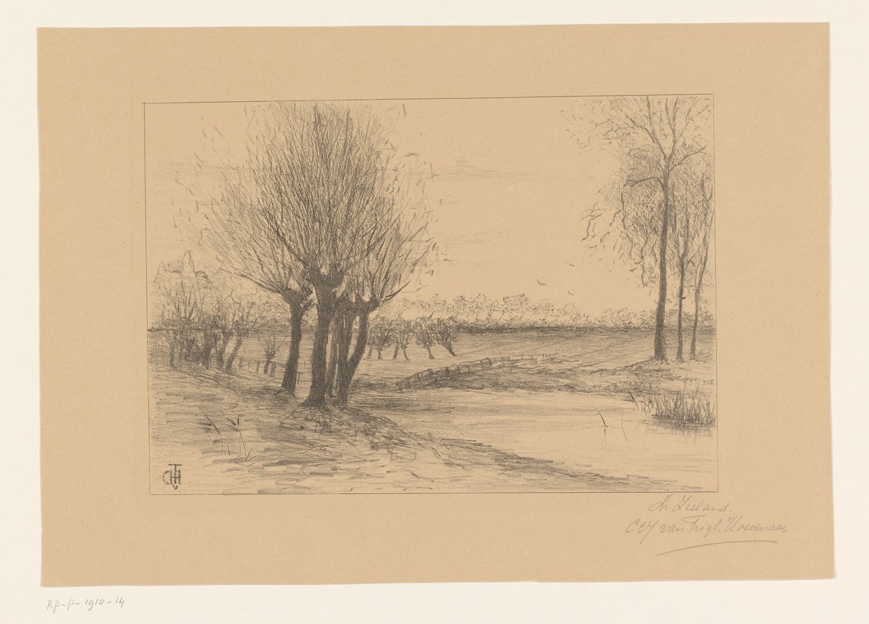 Äng med pillar I Zeeland (titel på objekt) av Cornelia Christina Johanna van Trigt Hoevenaar (signed by artist)