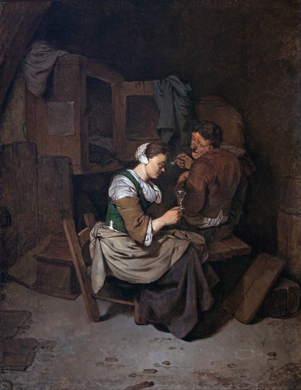Kvinna med vinglas och två manliga bönder av Cornelis Pietersz Bega