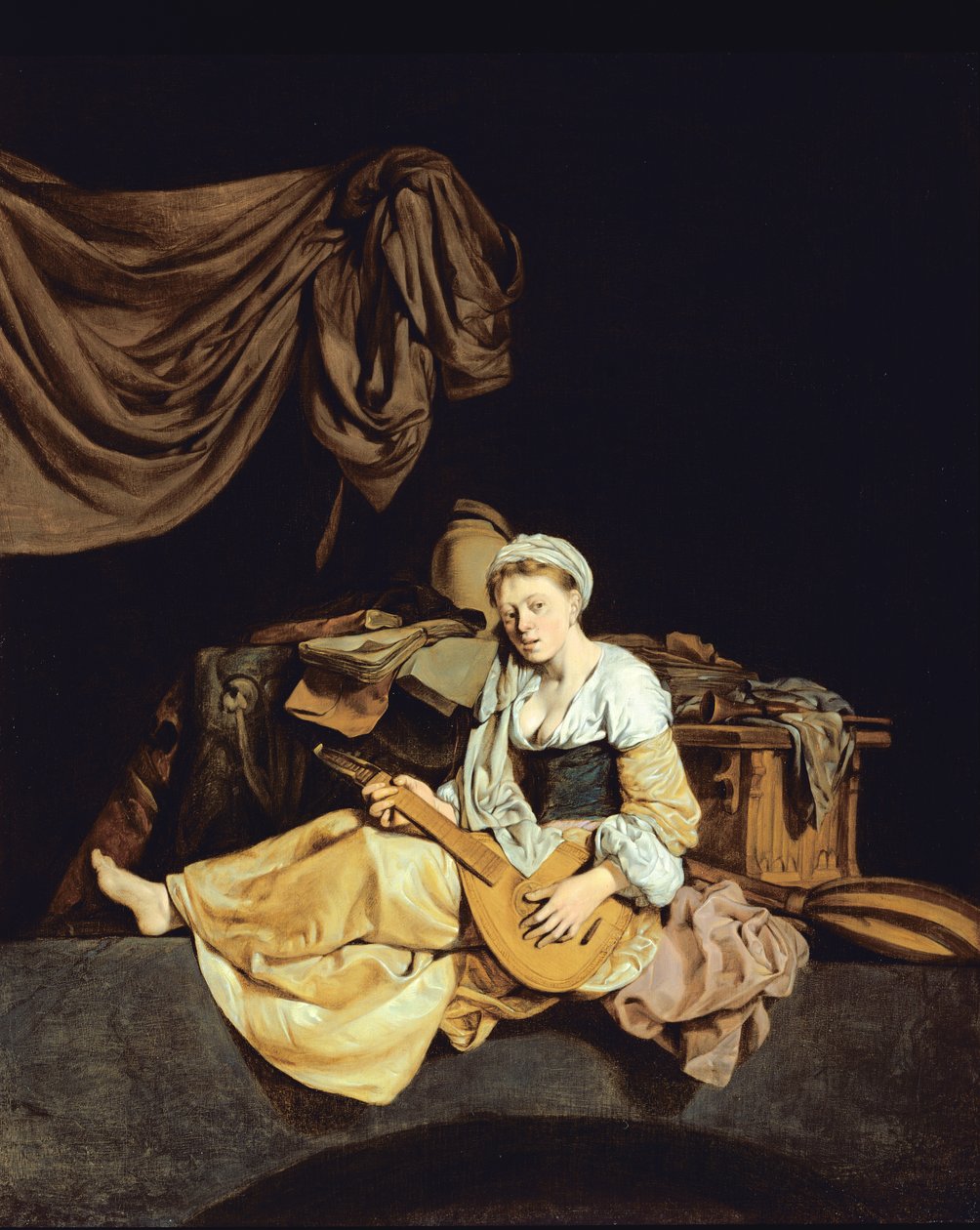 Ung kvinna som spelar en mandolin av Cornelis Pietersz Bega