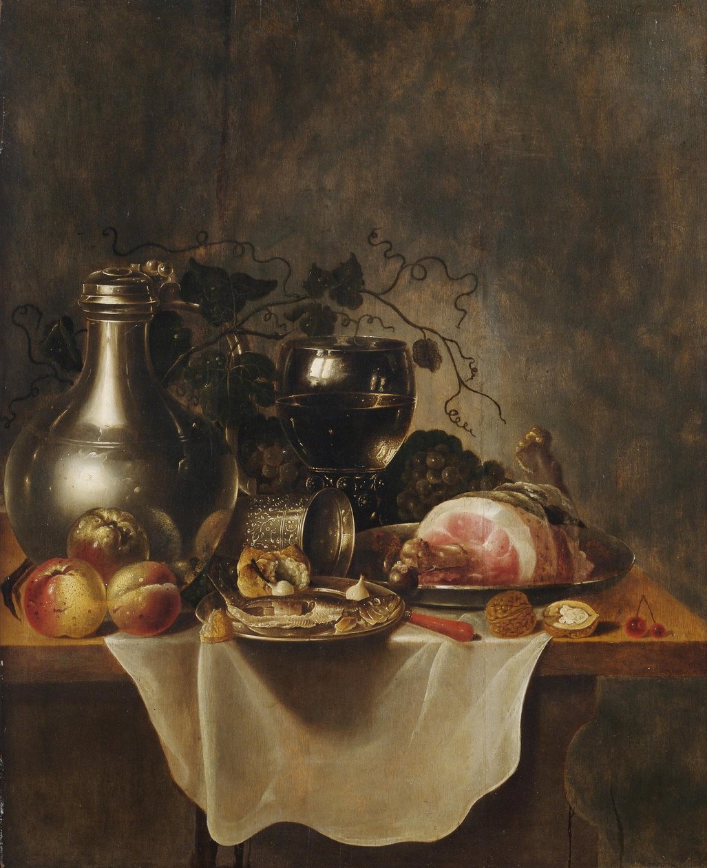 Stilleben med tennkanna, roemerglas och skinka, olja på panel av Cornelis Cruys