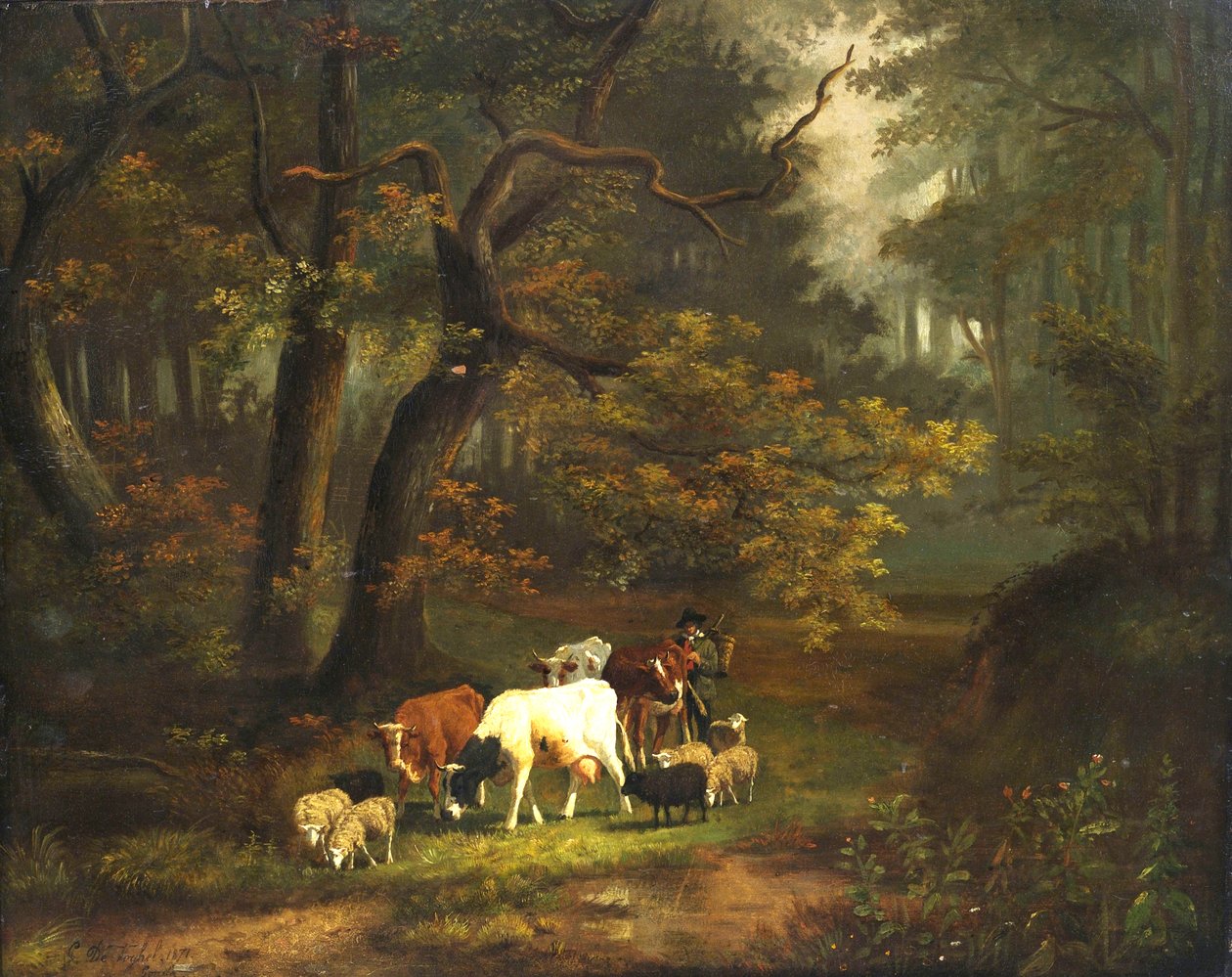 Waldinneres mit kleiner Kuh- und Schafherde. av Cornelis Johannes de Vogel