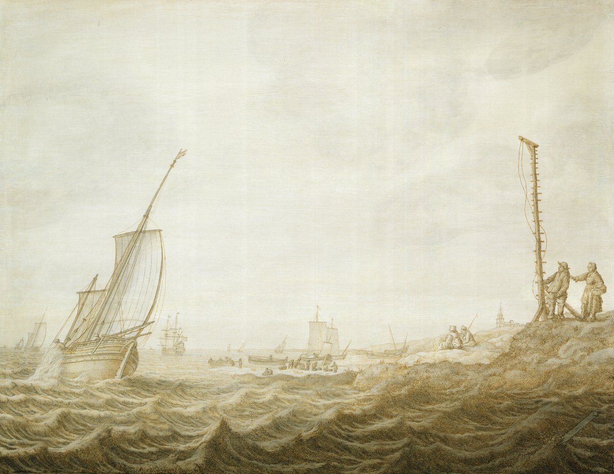 En Grisaille av en kustscen med figurer av Cornelis Pietersz. de Mooy