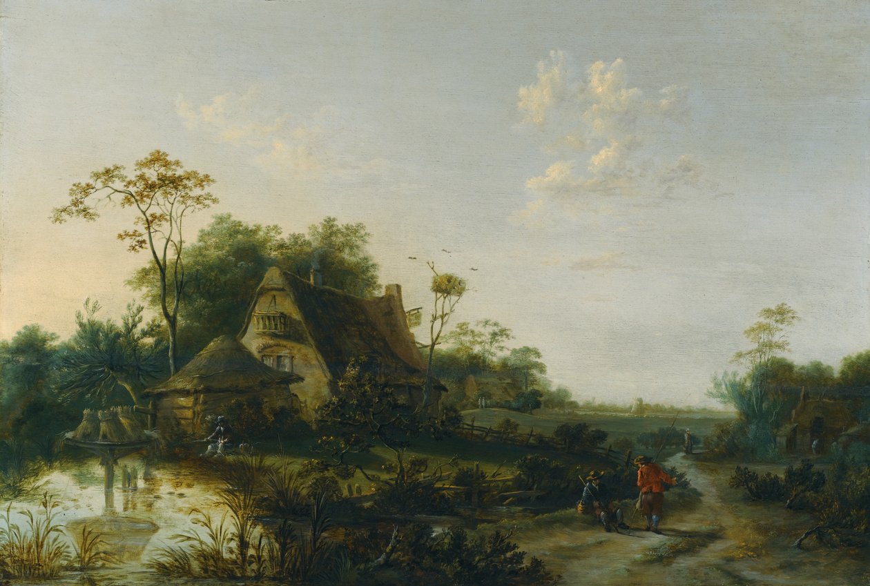 Landskap med figurer som passerar en stuga och en damm av Cornelis Snellinck