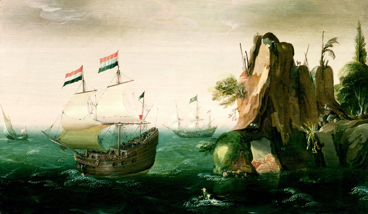 Ett holländskt handelsfartyg utanför en stenig kust av Pieter Cornelisz. Verbeeck