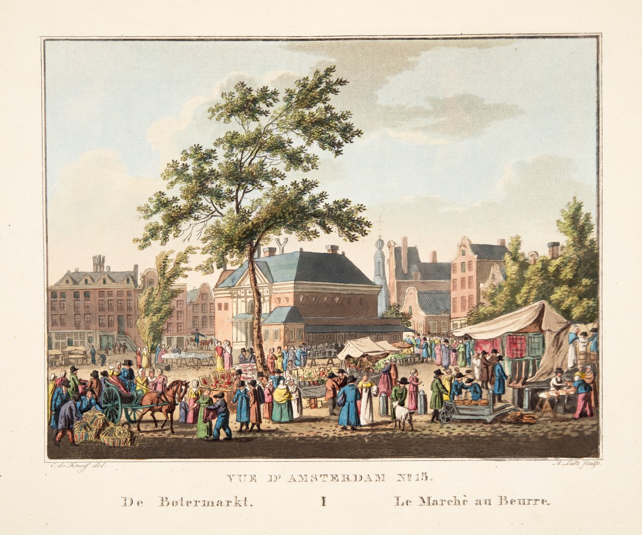 Utsikt över Amsterdam No.15. Från Botermarkt. The Butter Market, 1825 (handfärgad gravyr) av Cornelis de Kruyff