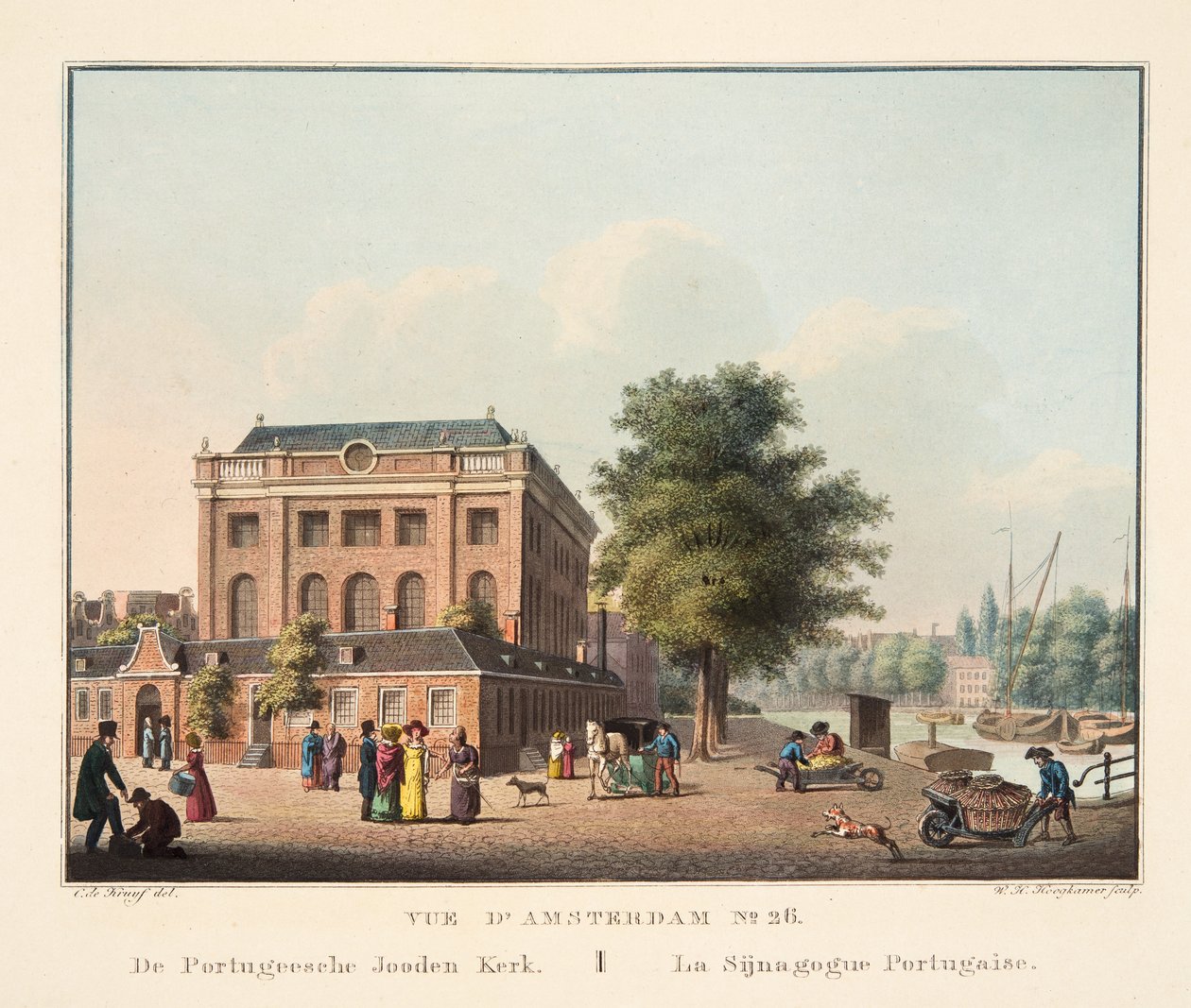 Utsikt över Amsterdam No.26. Från Portugeesche Jooden Kerk. La Sijnagogue Portugaise, 1825 (handfärgad gravyr) av Cornelis de Kruyff