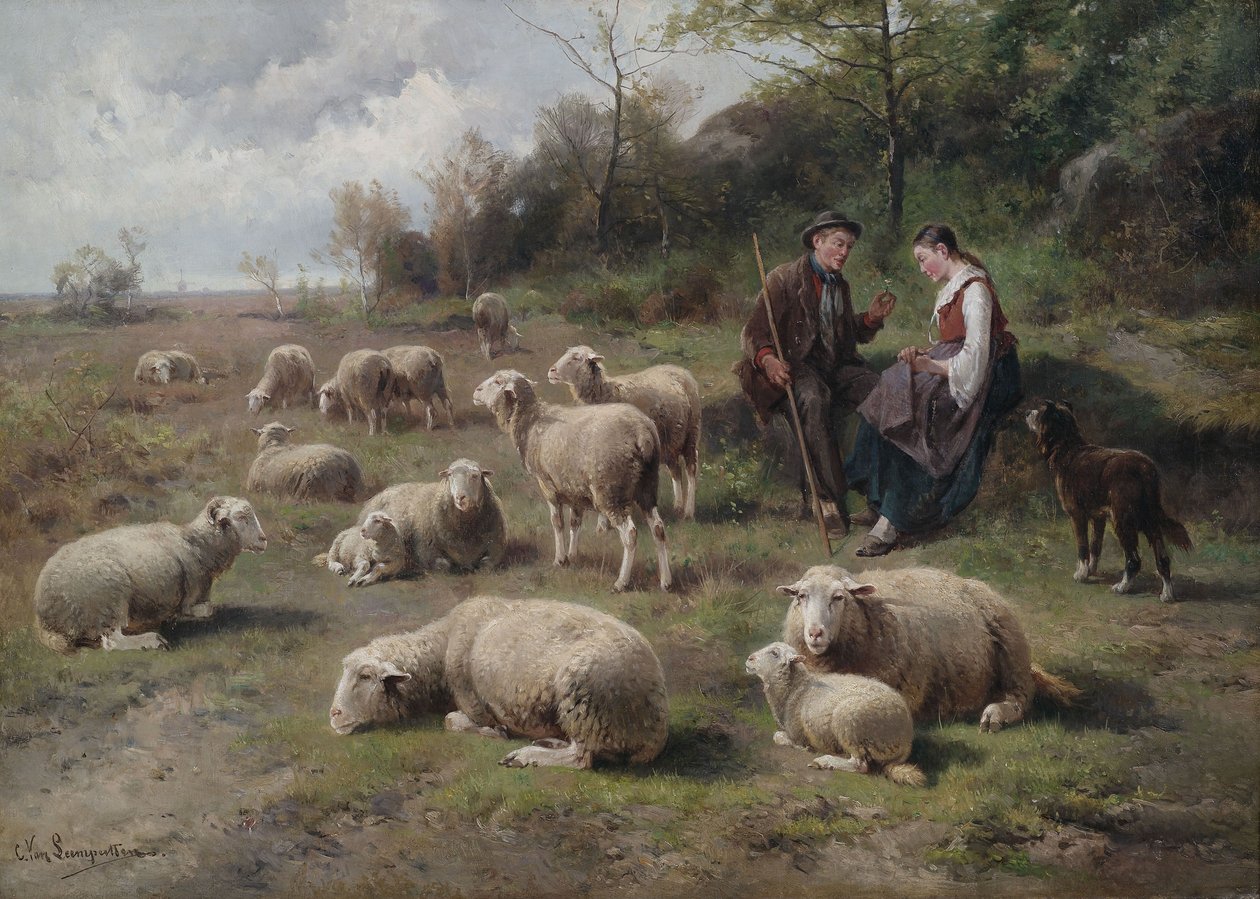 Schäferpaar mit Herde in Weidelandschaft av Cornelis van Leemputten