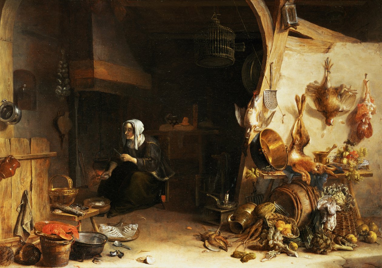 Et køkkeninteriør med en tjenerpige omgivet af redskaber, grøntsager og en hummer på en tallerkensven av Cornelis van Lelienbergh