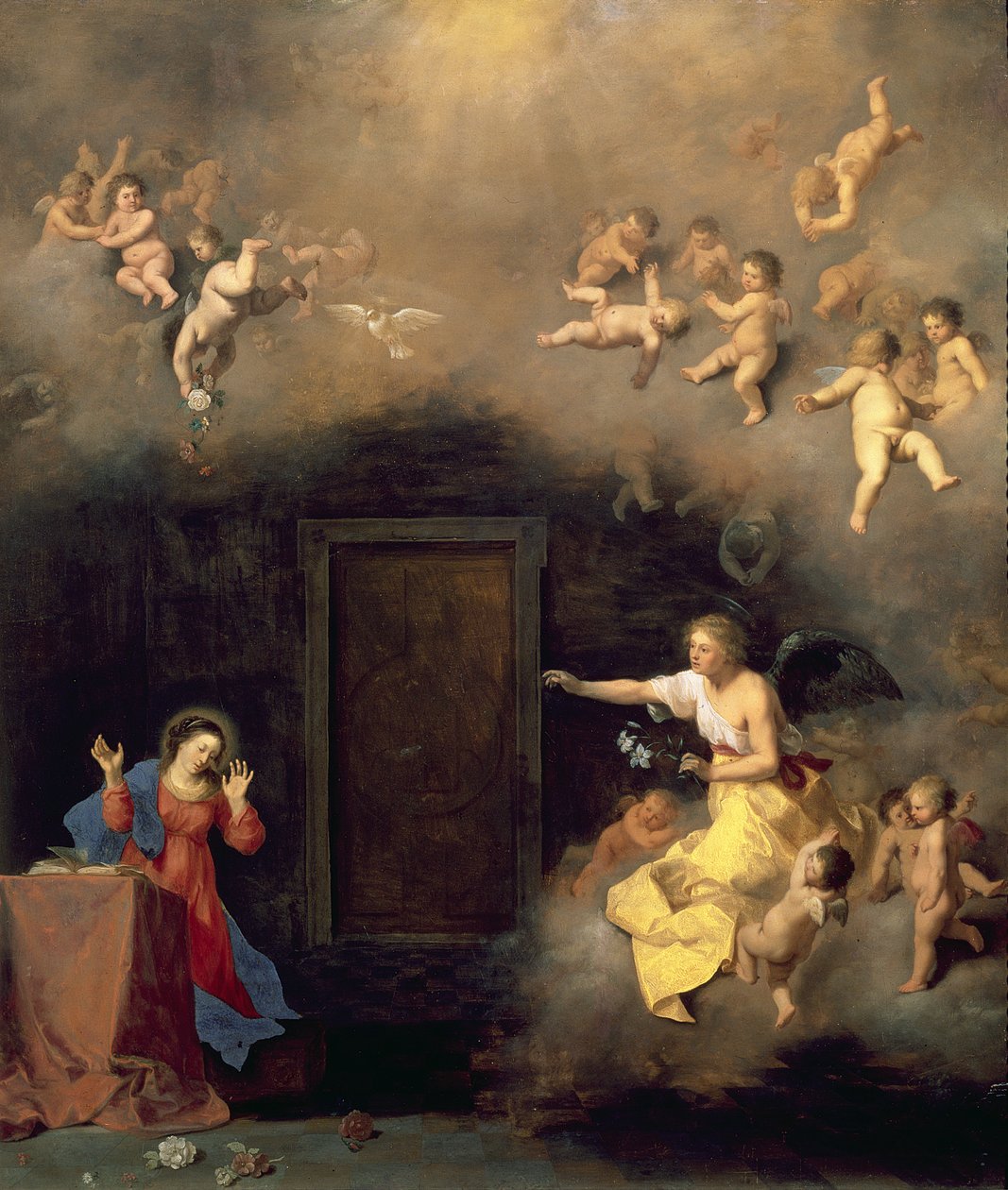 Annunciation, 1635 (olja på koppar) av Cornelis van Poelenburgh or Poelenburch
