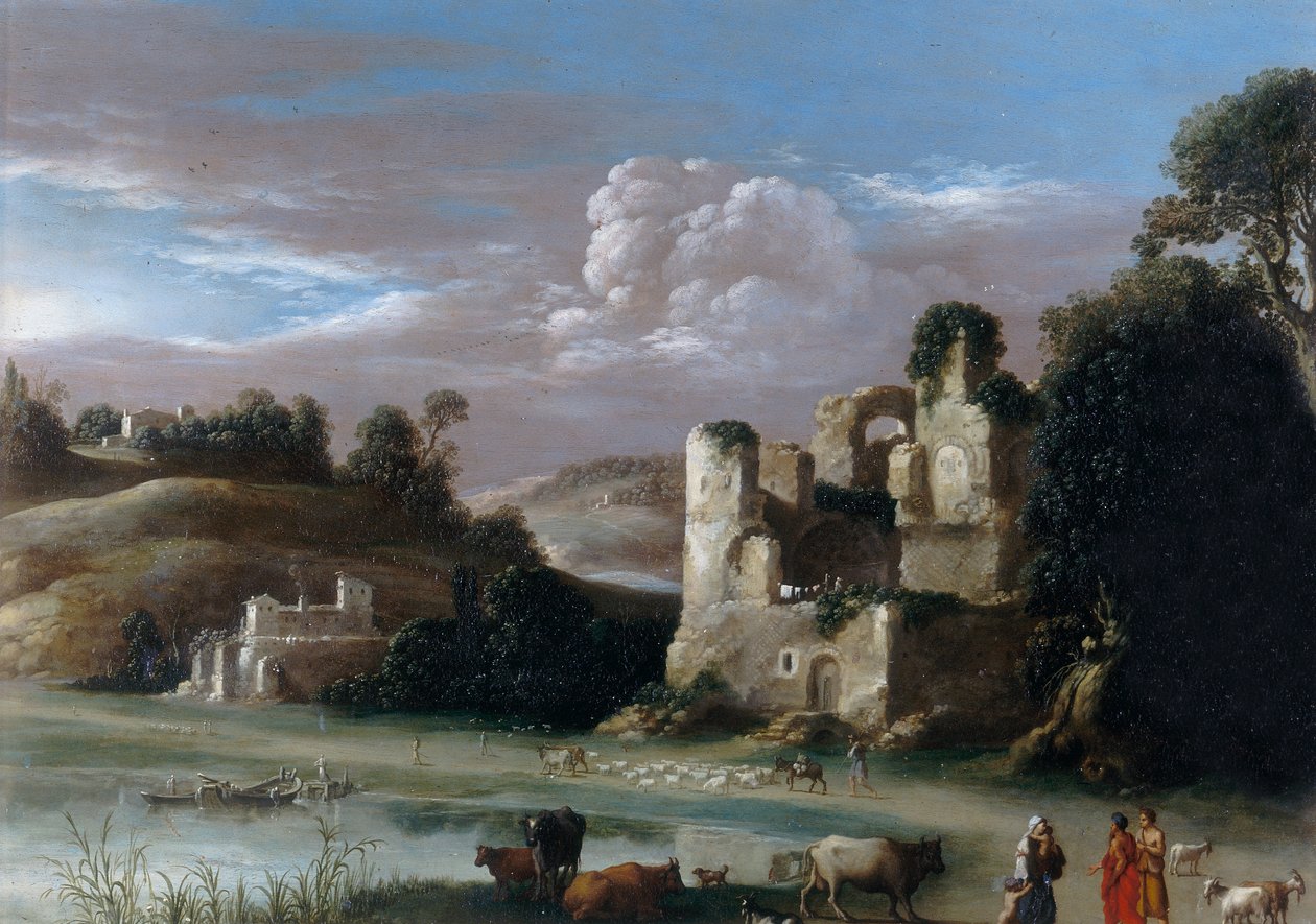 Landskab med ruiner og hyrde av Cornelis van Poelenburgh or Poelenburch