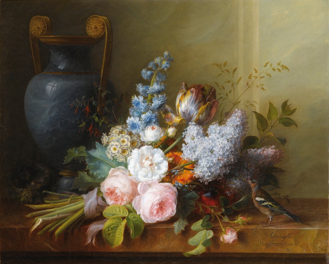 Blomster med ett fågelbo av Cornelis van Spaendonck