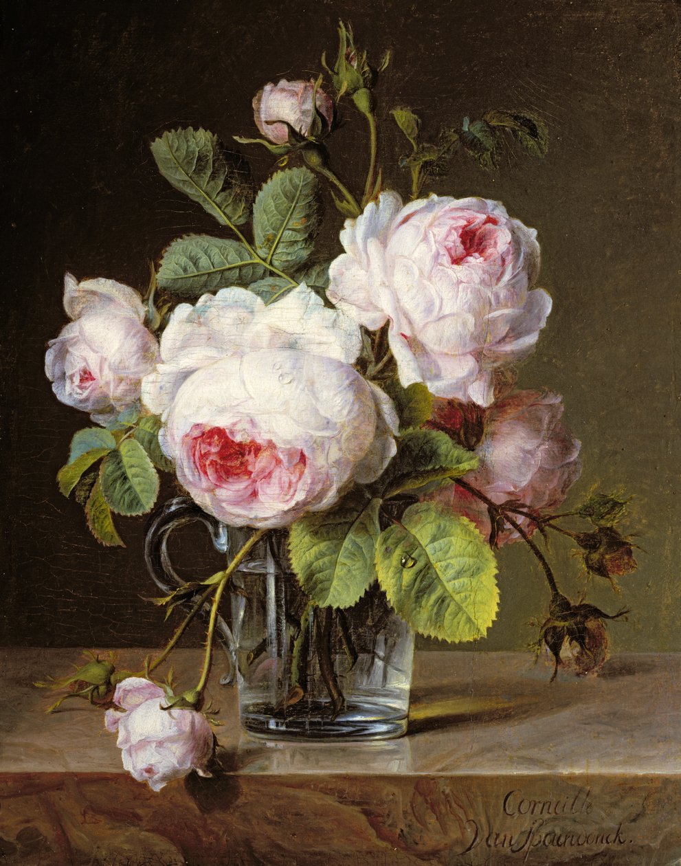 Rosor i en glasvas på en avsats av Cornelis van Spaendonck