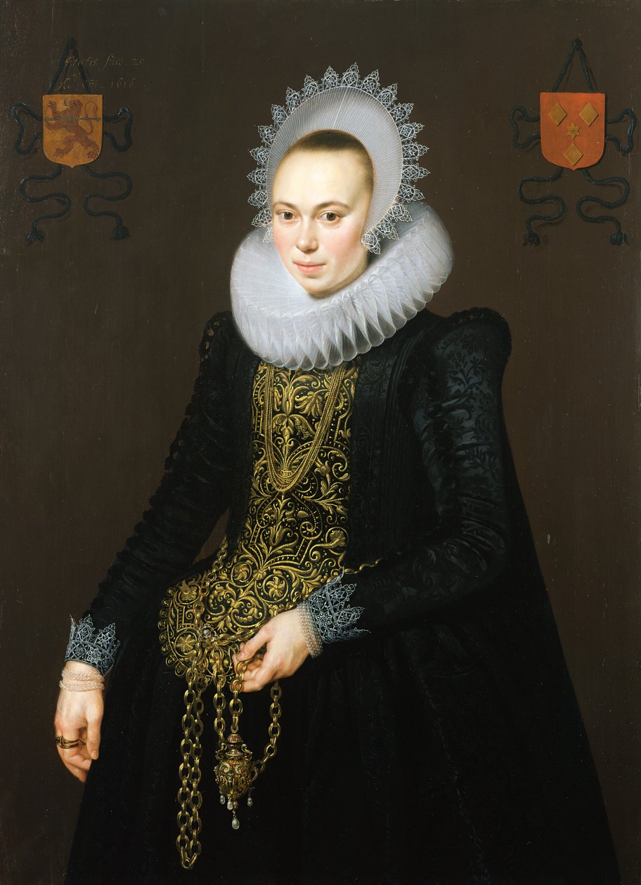 Porträtt av Justina van Teylingen, 1616 (se 307901 för par) av Cornelis van der Voort