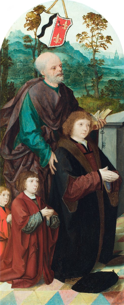 En donator och hans två söner introducerades till Sankt Peter (olja eller panel) av Cornelis (attr. to) Engelbrechtsz