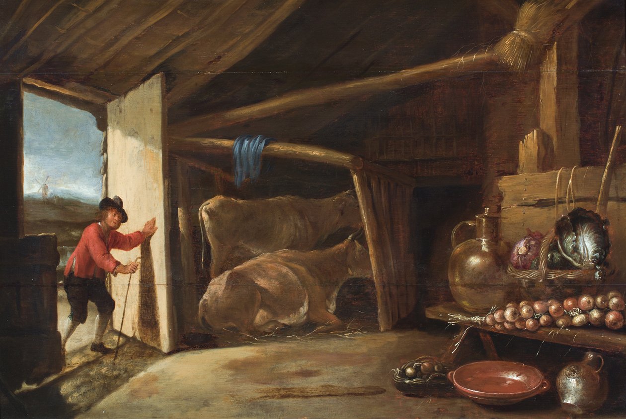 En ladugårdsinteriör med en koherde som går in och ett stilleben med grönsaker och kopparkärl (olja på pannå) av Cornelis (circle of) Saftleven