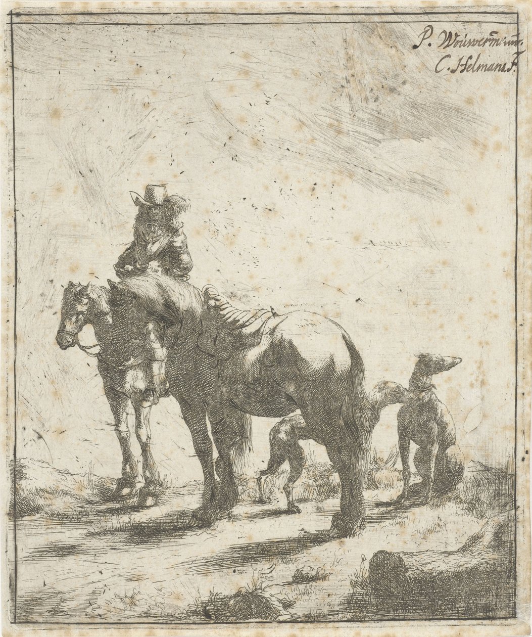Ryttare med två hästar och två hundar av Cornelis A. Hellemans