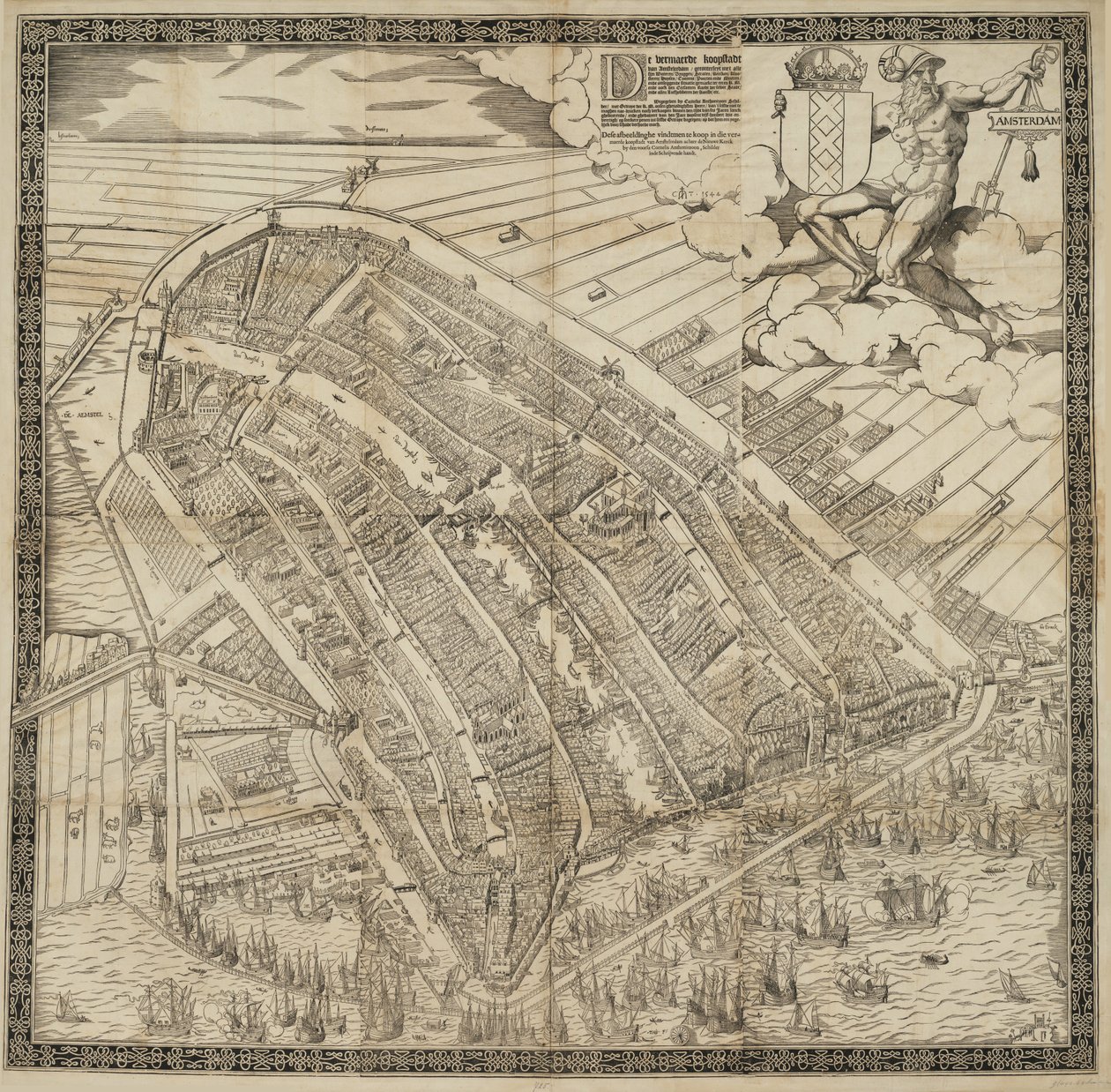 Tyska: Die berühmte Handelsstadt Amsterdam
Nederländska: De vermaerde koopstadt van Amstelredam av Cornelis Anthonisz.
