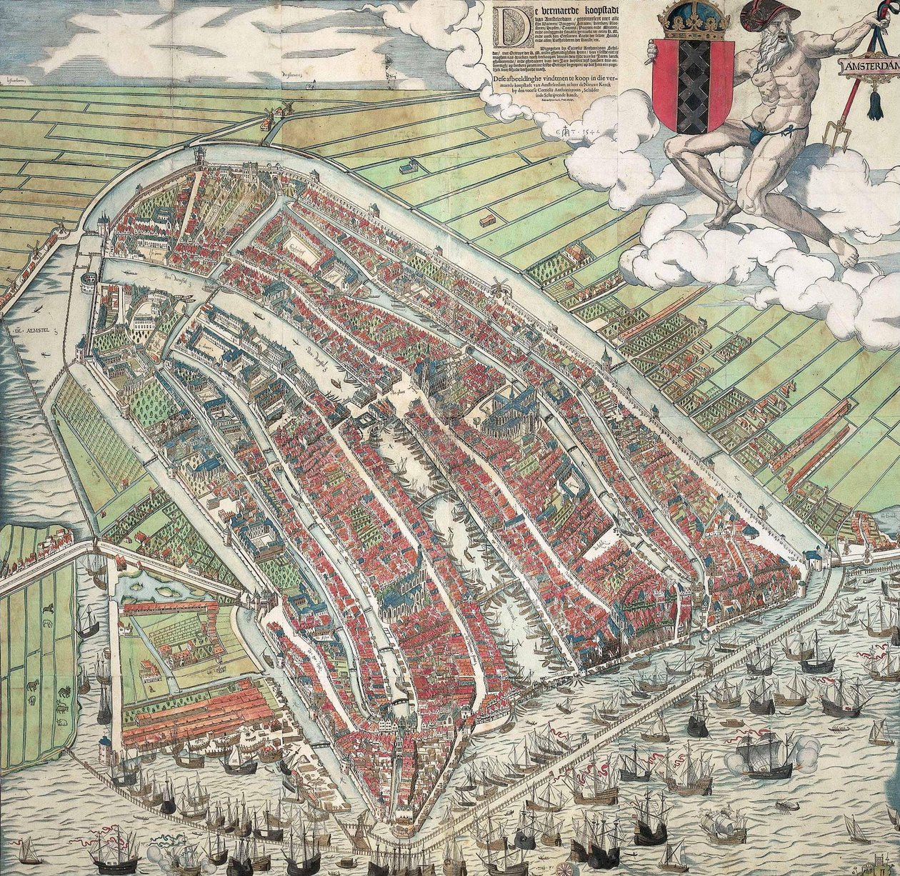 Tyska: Die berühmte Handelsstadt Amsterdam
Nederländska: De vermaerde koopstadt van Amstelredam av Cornelis Anthonisz.