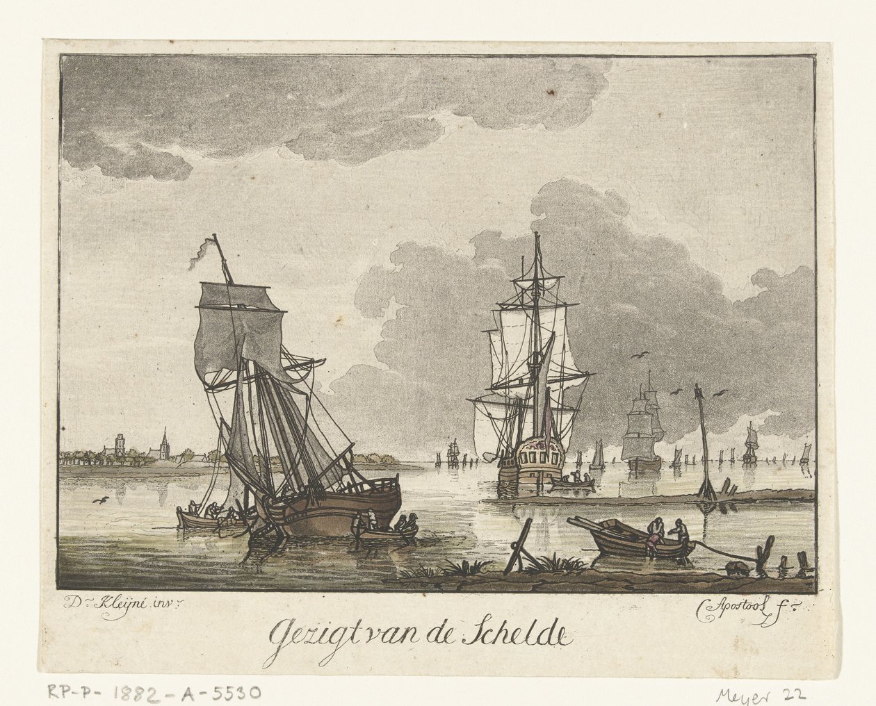 Utsikt över Schelde med segelfartyg Utsikt över Schelde (titel på objekt) av Cornelis Apostool