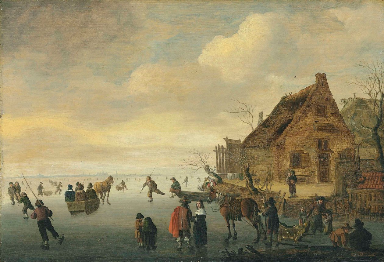 Ett vinterlandskap med hästdragna slädar och figurer som åker skridskor på en frusen sjö vid en lantlig by av Cornelis Beelt