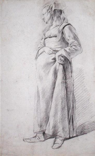 A Standing Peasant Woman (svart krita på papper) av Cornelis Pietersz Bega