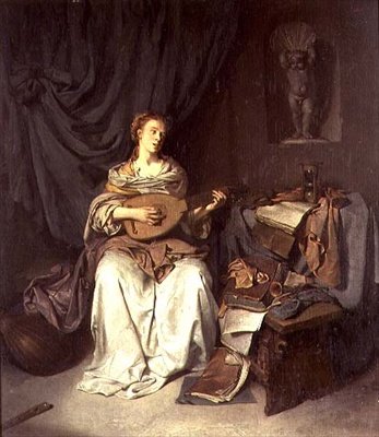 Flicka som sjunger och spelar en lut av Cornelis Pietersz Bega
