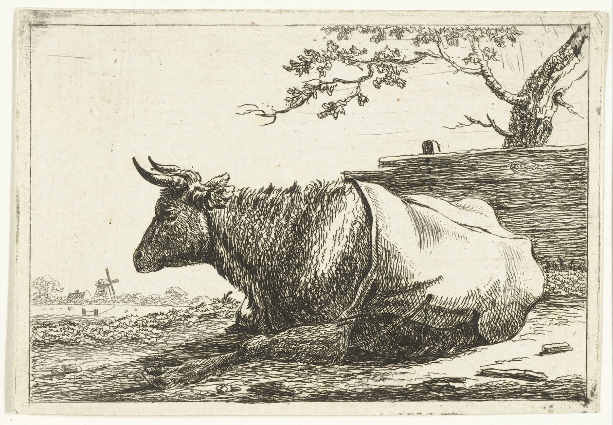 Landskap med en liggande ko med ett bakstycke av Cornelis  Bisschop