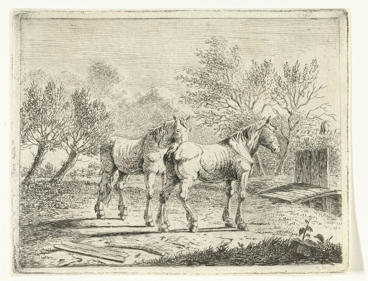 Ängslandskap med två hästar nära en bro och en gård av Cornelis  Bisschop