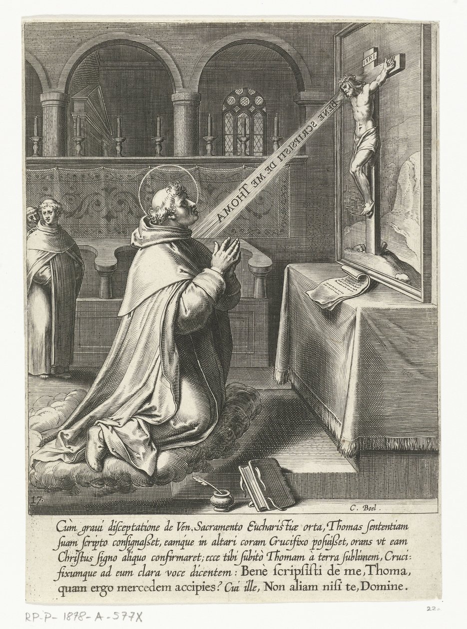 Saint Thomas Aquinos pratar med ett krucifix The Life of Saint Thomas Aquinas (serietitel) av Cornelis Boel