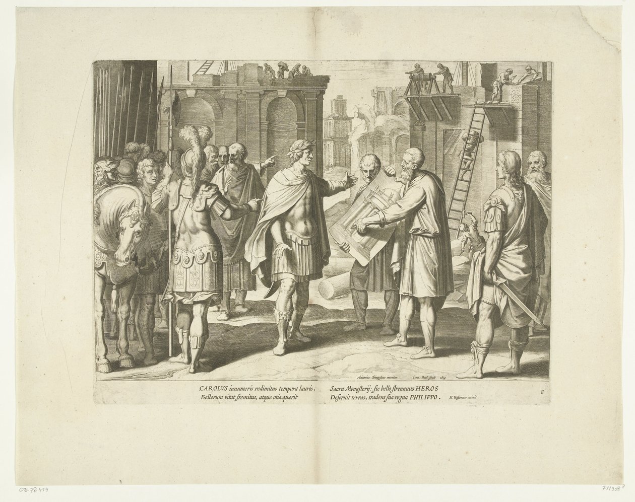 Karel V laat een klooster bouwen, 1555, nr. 8 Scener uit het leven van Karel V (serietitel) Kejsar Karl V:s liv i mycket vackra intaglios, graverade på den berömda A. Tempestes mönster, av två av de skickligaste mästarna J. de Gein & av Cornelis Boel