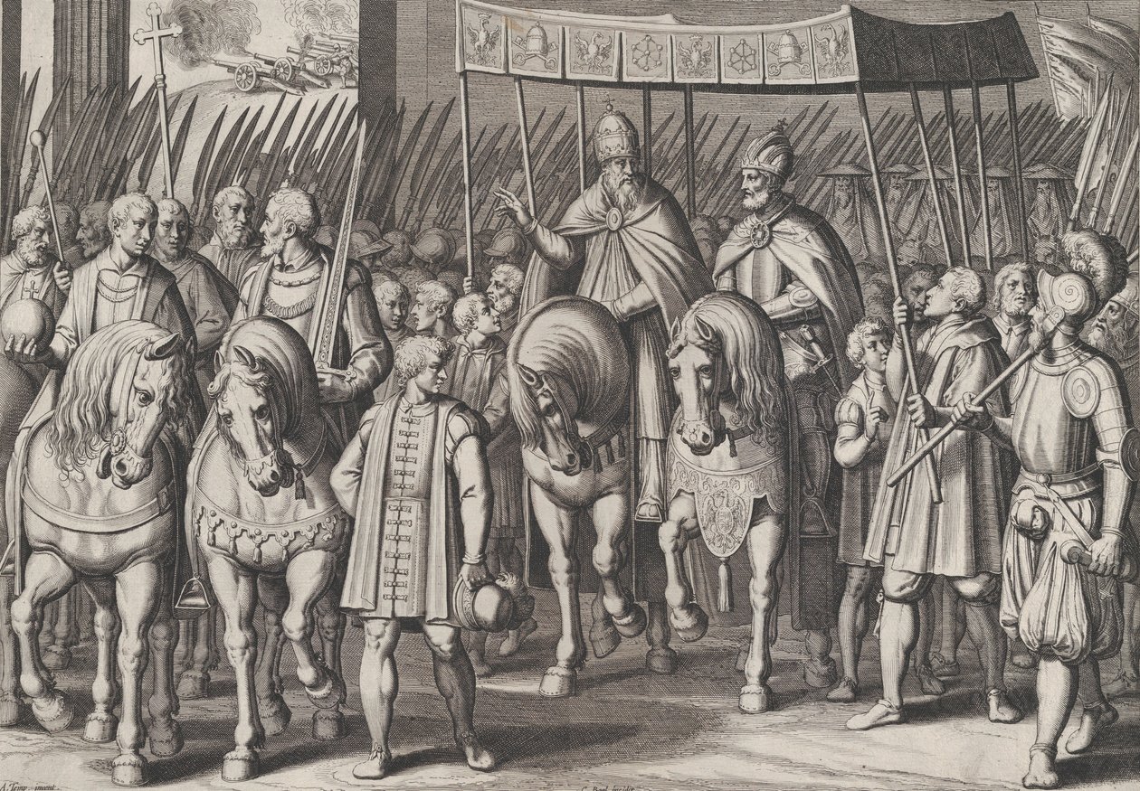 Plåt 3: Karl V krönt kejsare som går in i Rom med påven, från Charl...s triumfer, 1614. av Cornelis Boel