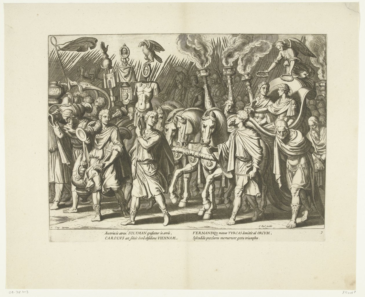 Triomfwagen van Karel V en Ferdinand, na de bevrijding van Wenen van de Turken, ca. 1532, nr. 7 Scener uit het leven van Karel V (serietitel) Kejsar Karl V:s liv i mycket vackra intaglios, ingraverat på mönster av den berömda A. Tempest av Cornelis Boel