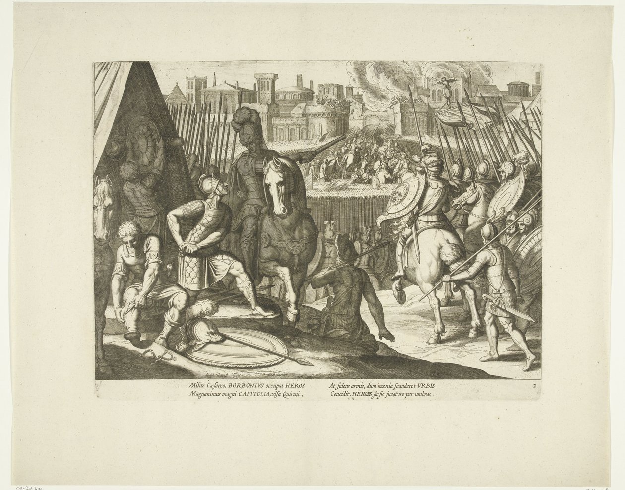 Verovering av Rom, 1527, nr. 2 Scener uit het leven van Karel V (serietitel) Kejsar Karl V:s liv i mycket vackra intaglios, graverade på den berömda A. Tempestes mönster, av två av de skickligaste mästarna J. de Gein & C. Boel. Vid av Cornelis Boel