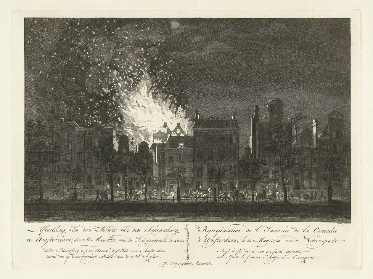 Brand i Amsterdamse Schouwburg sett från andra sidan Keizersgracht, 1772 Skildring av branden i Schouwburg i Amsterdam; den 11 maj 1772. Kan ses från Keizersgracht / Representation de l