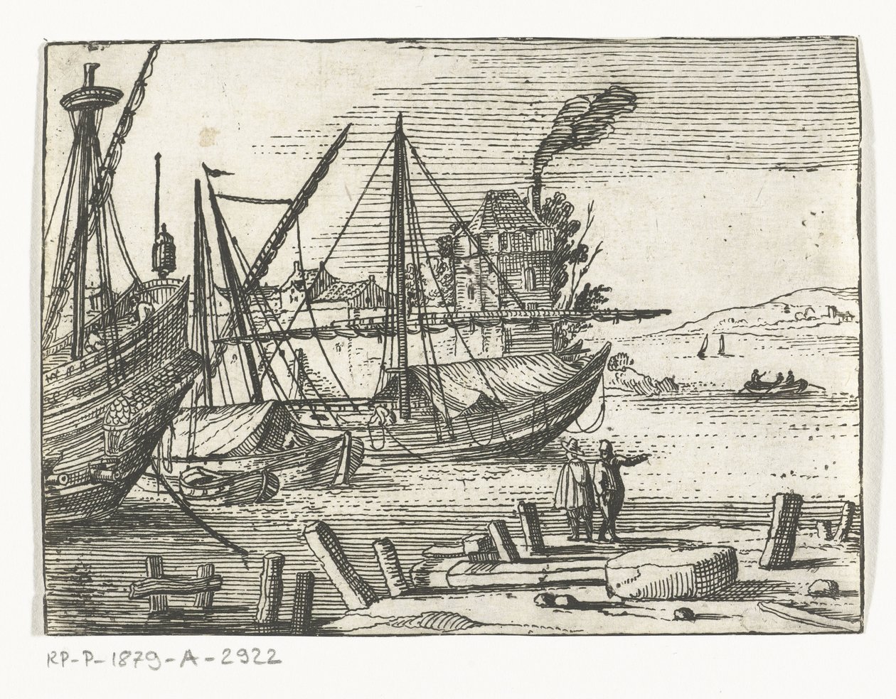 Hamnvy med två segelfartyg och en galjon, två män som står på kajen Landscapes and Marines (serietitel) av Cornelis Bol (attributed to)