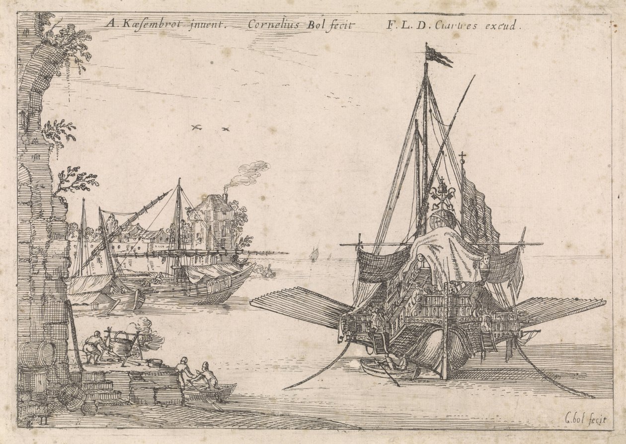 Galei är förankrad i en vik Harbour Views (serietitel) av Cornelis Bol