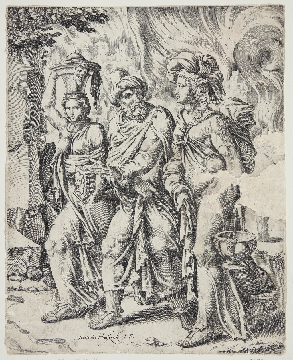 Lot och hans döttrar lämnar det brinnande Sodom av Cornelis Bos