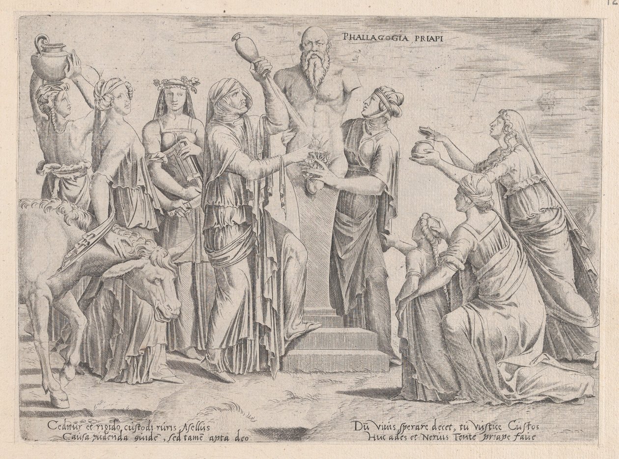 Mirror of Roman Magnificence: Åtta kvinnor som offras till Priapus, 1500-talet., 1500-talet. av Cornelis Bos.