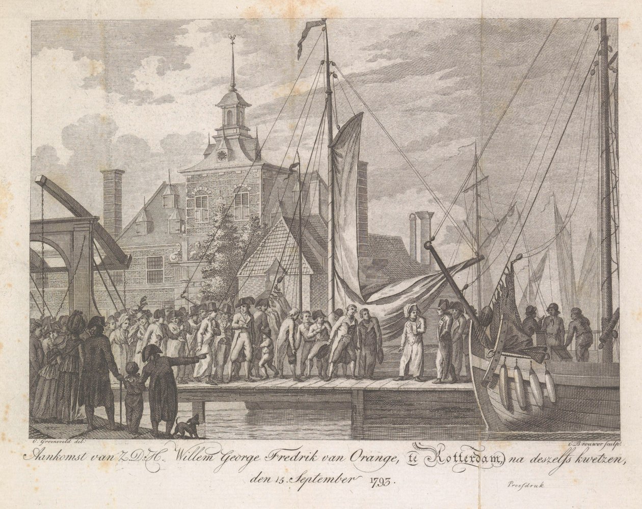Den sårade prins Willem George Frederiks ankomst till Rotterdam, 1793 Ankomst av Z.D.H. Willem George Fredrik van Oranje, i Rotterdam, efter sina sår, 15 september 1793 (titel på objekt) av Cornelis Brouwer