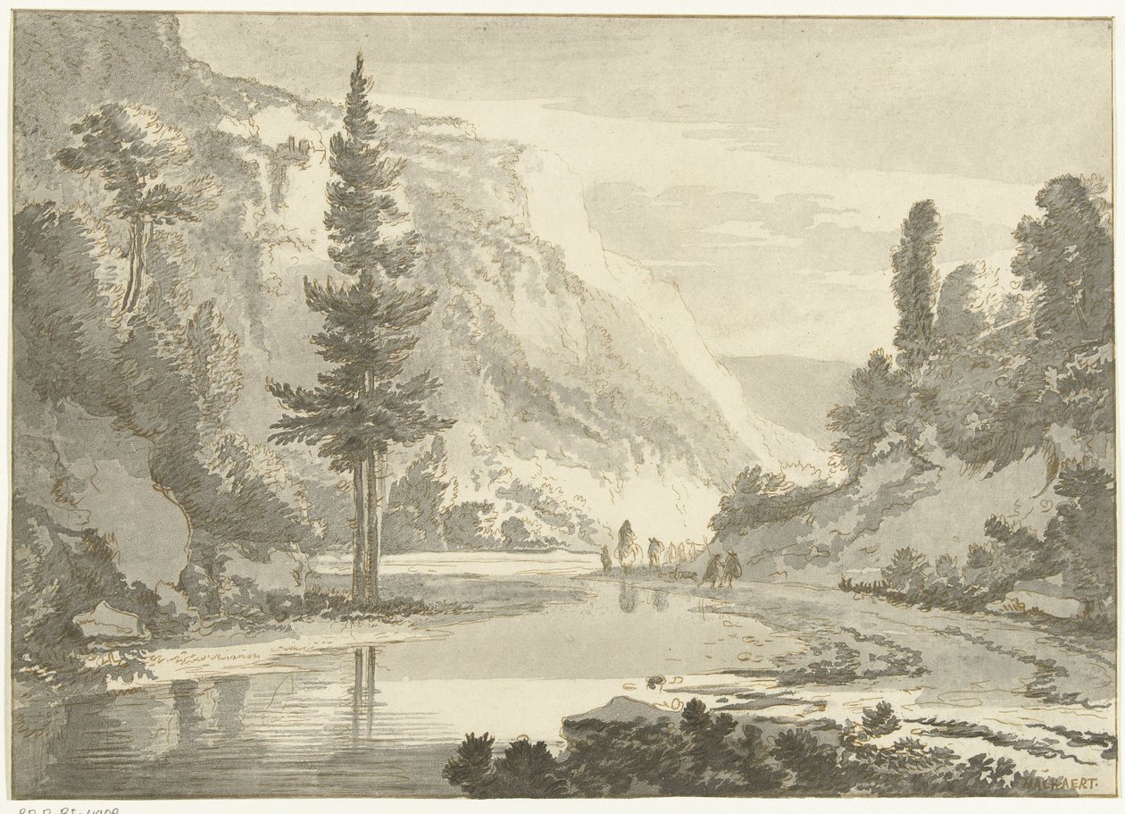 Berglandskap med herdar på en flodstrand av Cornelis Brouwer