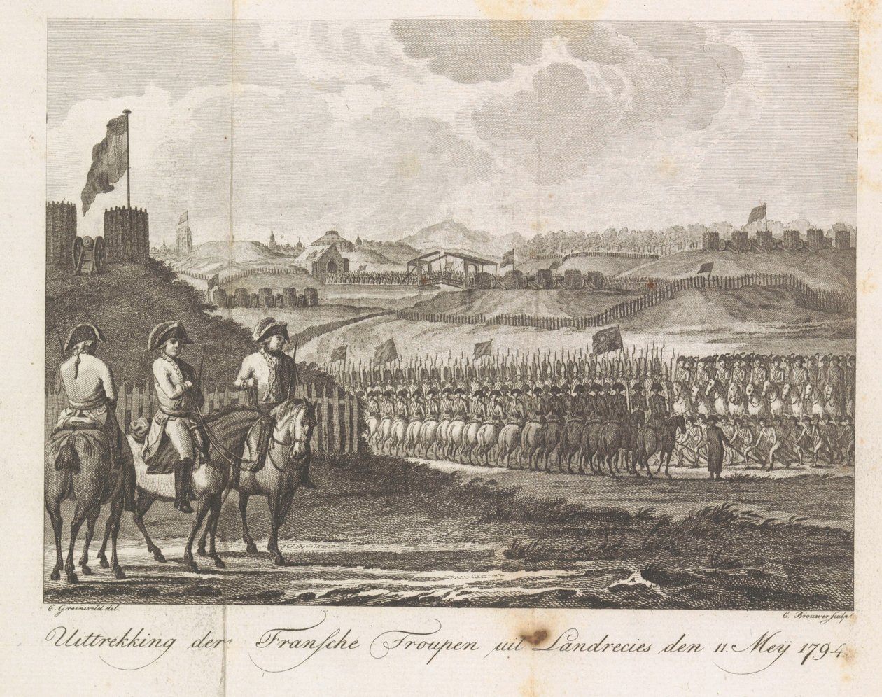 Franska trupper lämnar Landrecy, 1794 De franska truppernas tillbakadragande från Landrecies den 11 maj 1794 (titel på objekt) av Cornelis Brouwer
